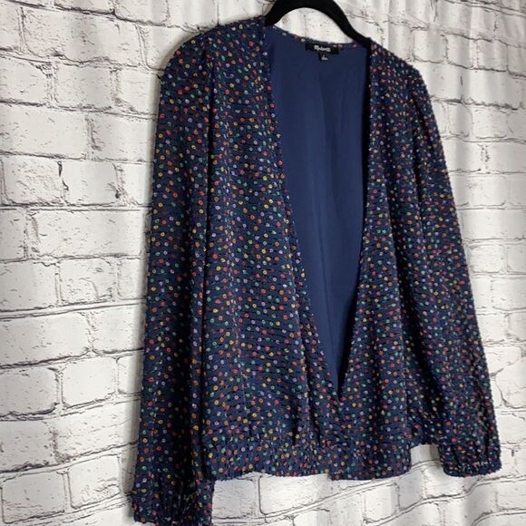 Madewell Lyric Wrap Surplice Neck Dot Long‎ Sleeve Top Blue Multi Size S EGUC - Picture 6 of 16
